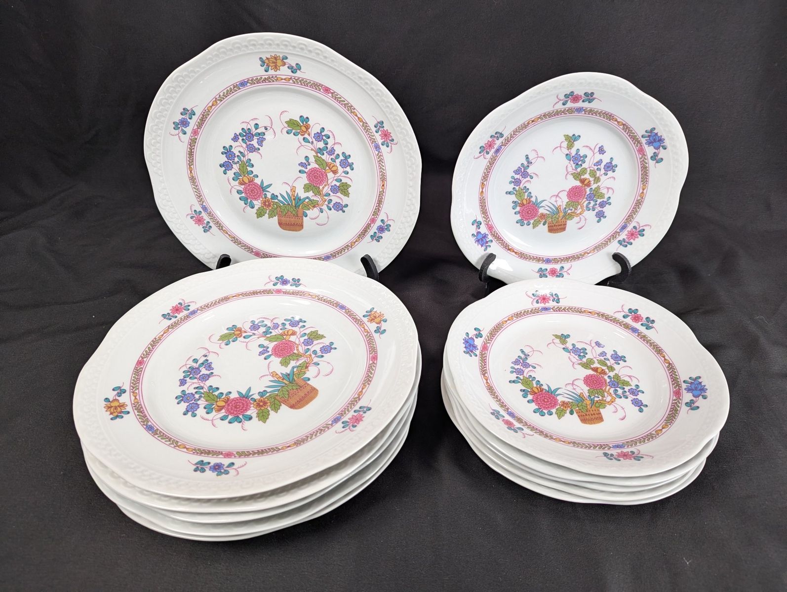 Volkstedt Pastorale Porcelain Plate Set 12pc GDR Floral Basket Scalloped Rim ...