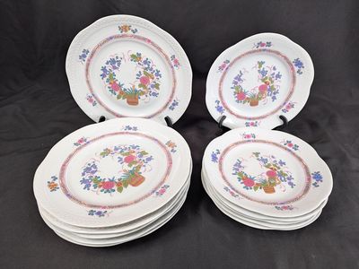 Volkstedt Pastorale Porcelain Plate Set 12pc GDR Floral Basket Scalloped Rim ...