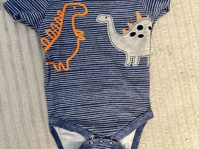 Bon Bebe Baby Boy's Blue Striped Dino Short Sleeve Bodysuit, Size 6M