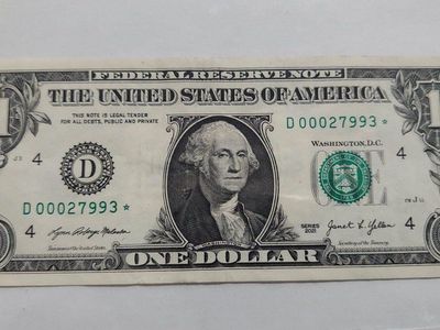 2021 $1 One Dollar Bill Star Note D00027993*