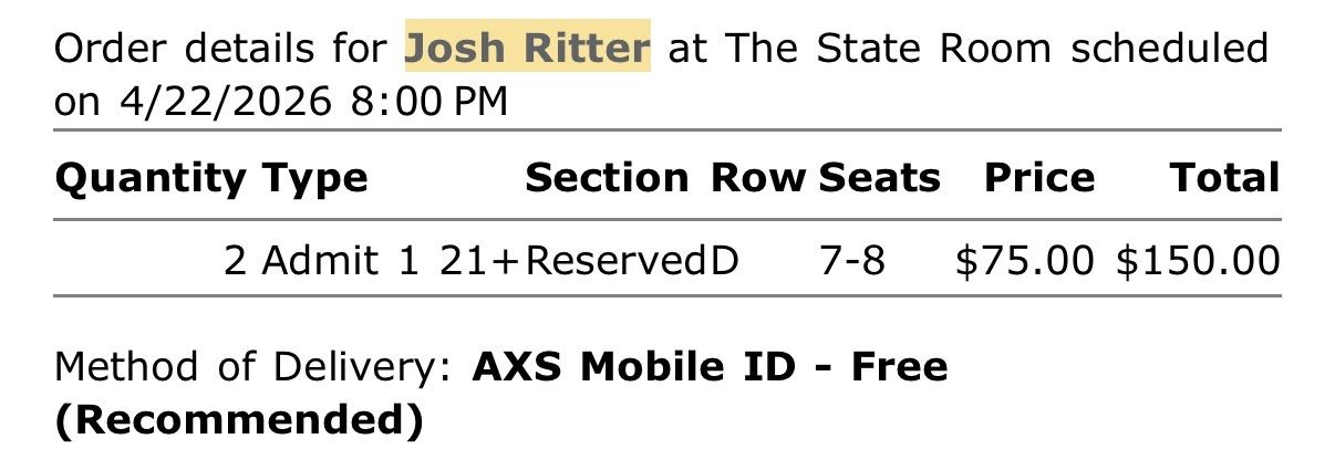 Josh Ritter - The State Room 4/22 D8 Ticket