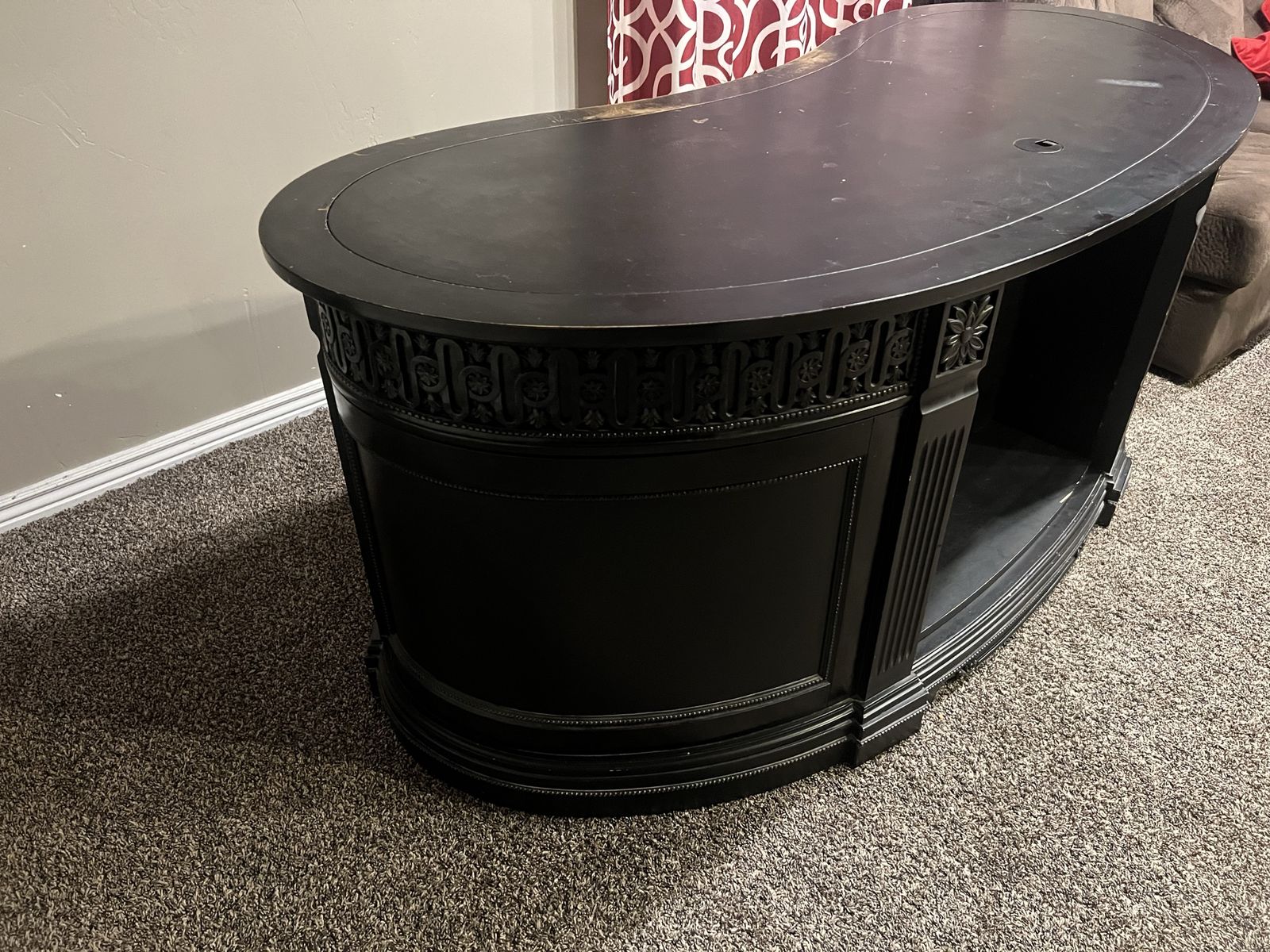 Black Curved Executive Desk with Carved Details - Elegant Home Office Furniture