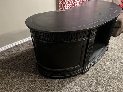 Black Curved Executive Desk with Carved Details - Elegant Home Office Furniture