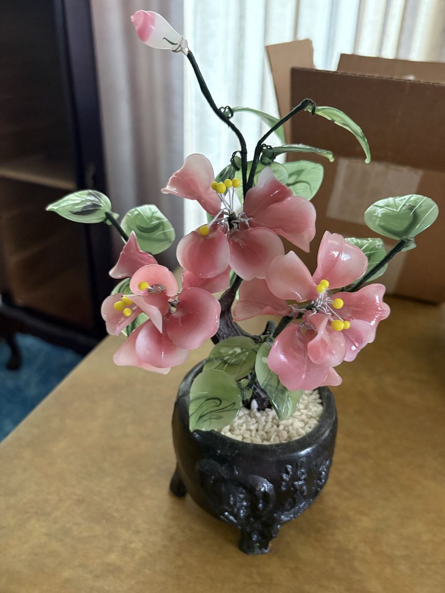 Vintage Resin Flower Bonsai Tree Figurine in Decorative Pot