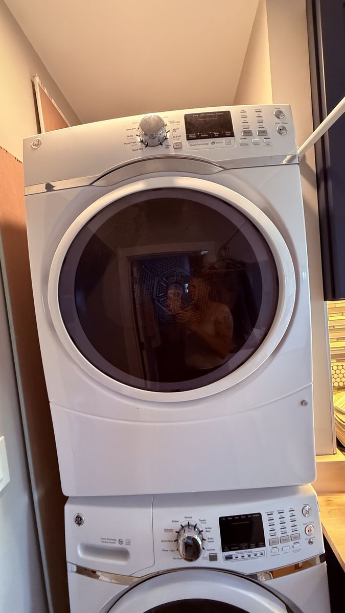 GE White Front Load Electric Dryer with Steam & Sanitize
