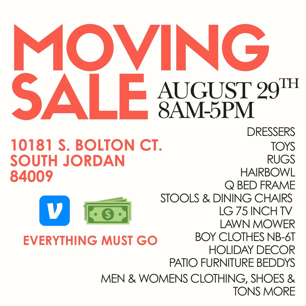 Huge Moving Sale - Dressers, TVs, Clothes, Furniture & More