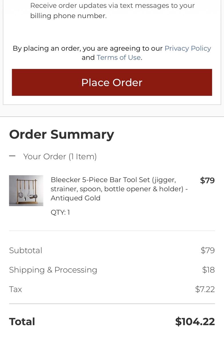 Pottery Barn Bleecker 5-Piece Bar Tool Set - Antiqued Gold - Jigger, Strainer, Spoon, Opener, Holder