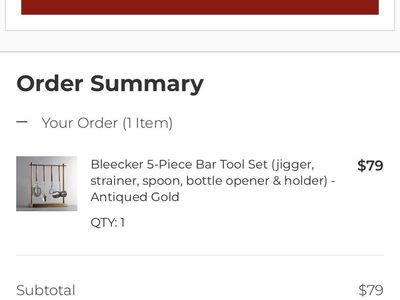 Pottery Barn Bleecker 5-Piece Bar Tool Set - Antiqued Gold - Jigger, Strainer, Spoon, Opener, Holder