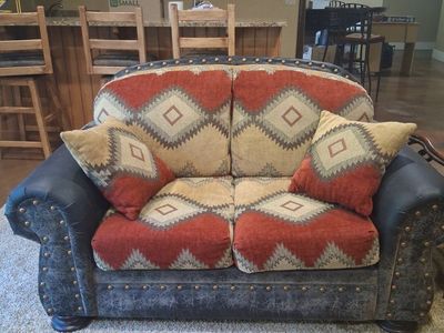 Southwestern Loveseat - Distressed Leather Look with Patterned Fabric Cushions & Stud Accents