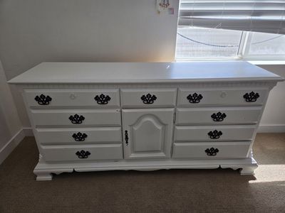 White dresser, 12 drawers total, older, solid wood, painted exterior