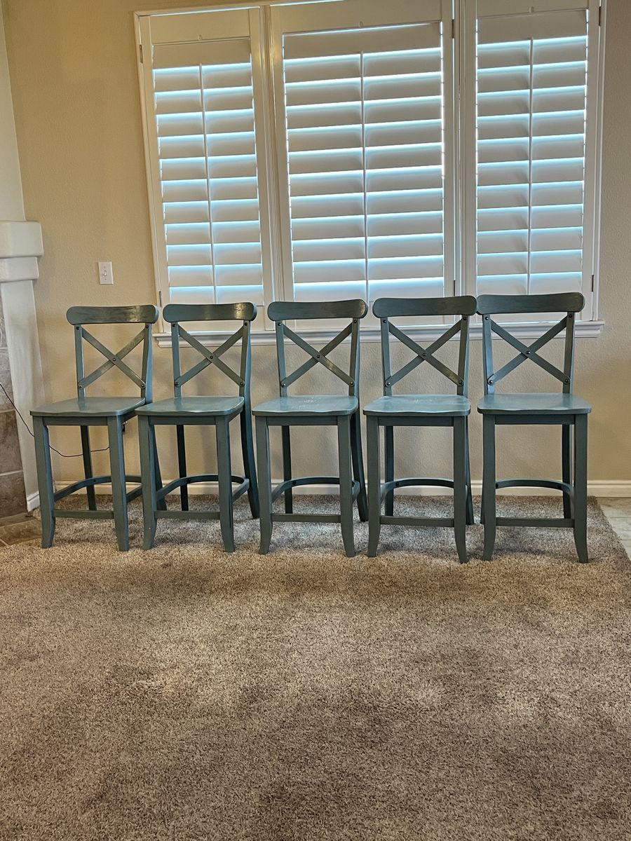 Set of 5 Farmhouse Cross-Back Wooden Counter Stools - Teal / Slate Blue