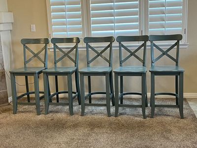 Set of 5 Farmhouse Cross-Back Wooden Counter Stools - Teal / Slate Blue