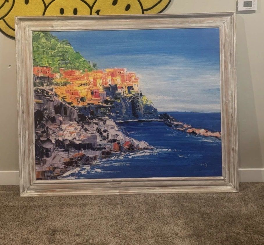 Textured Coastal Town Seascape Oil Painting in Whitewashed Wood Frame - Large Wall Art