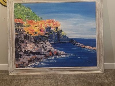 Textured Coastal Town Seascape Oil Painting in Whitewashed Wood Frame - Large Wall Art
