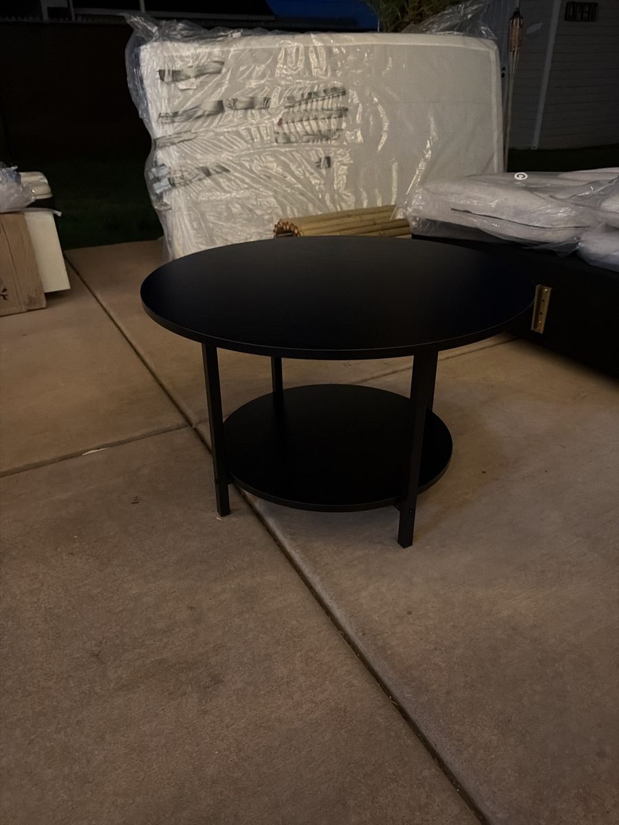 Black Round Coffee Table with Lower Storage Shelf