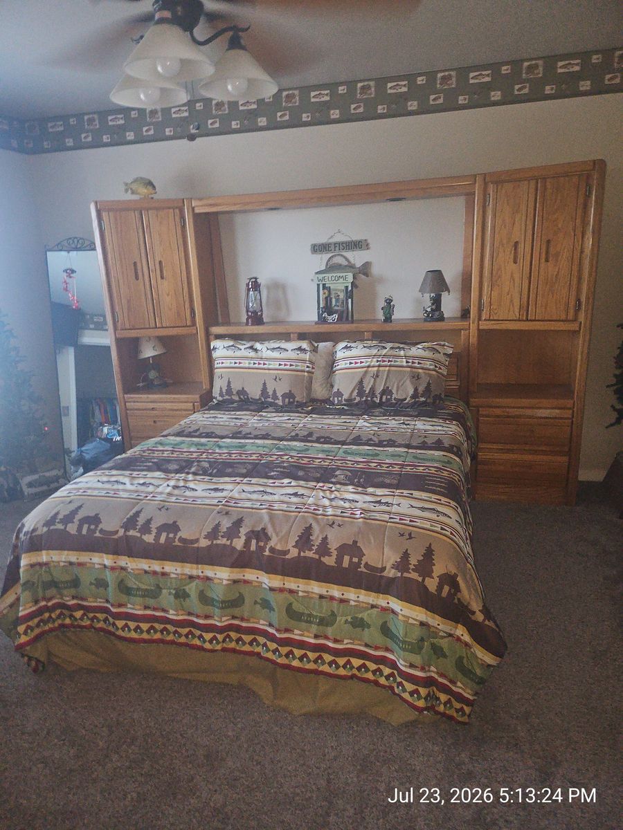 Solid Oak Queen Bed with storage compartments, drawers, slide out tables and lights
