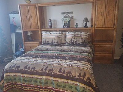 Solid Oak Queen Bed with storage compartments, drawers, slide out tables and lights