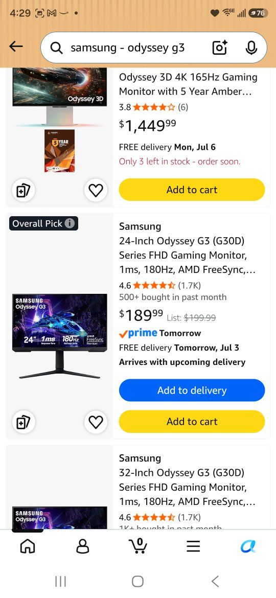 New in box Samsung Odyssey G3 (G30D) 24" FHD Gaming Monitor 1ms 180Hz AMD FreeSync Premium