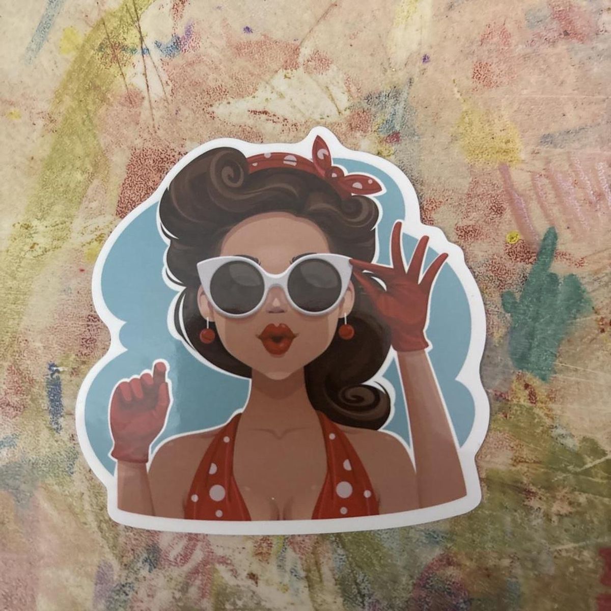 Retro Pinup Girl Sticker - Polka Dot Halter, Red Gloves, White Sunglasses - 3" x 2.5"
