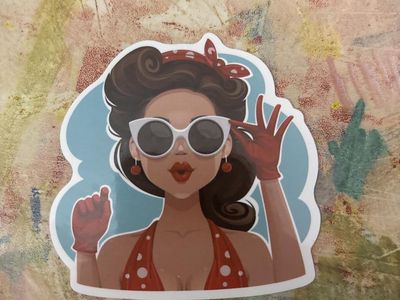 Retro Pinup Girl Sticker - Polka Dot Halter, Red Gloves, White Sunglasses - 3" x 2.5"