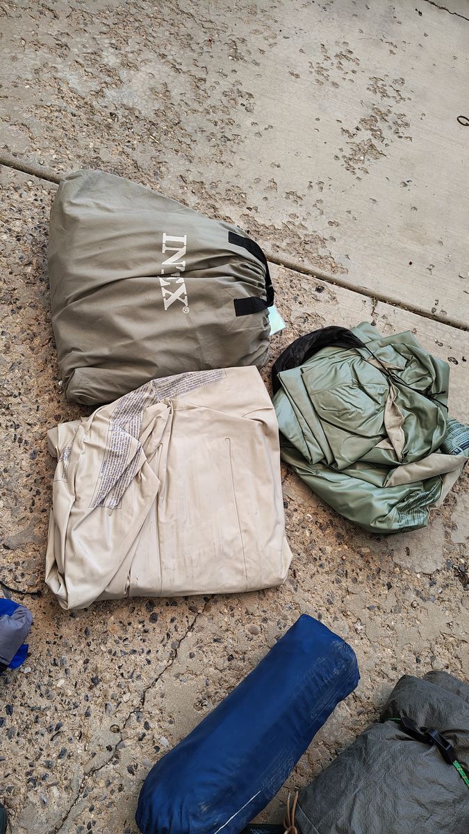 Camping tents, sleeping bags, mattresses, pads, backpacks