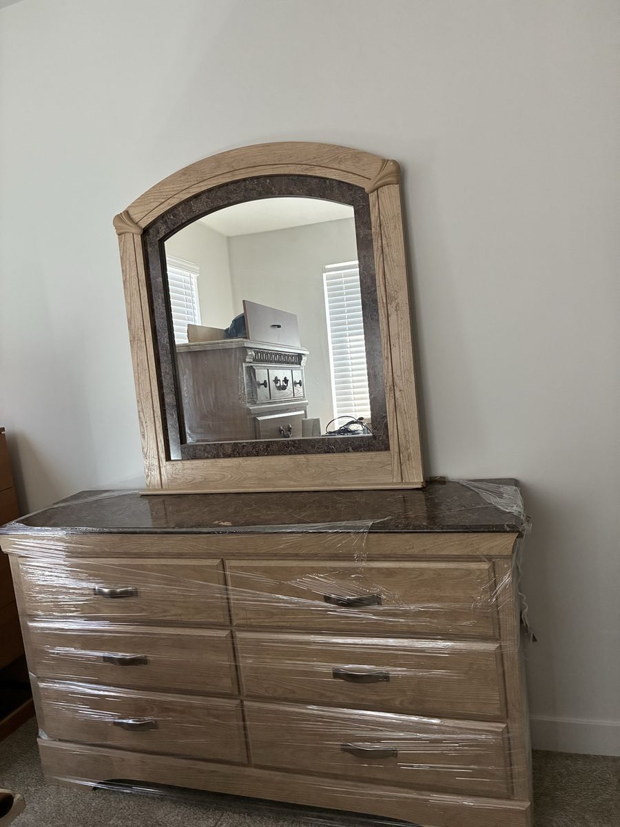 Wooden Dresser with Mirror - Light Wood Finish, 6 Drawers, Stone Top Accent