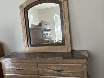 Wooden Dresser with Mirror - Light Wood Finish, 6 Drawers, Stone Top Accent