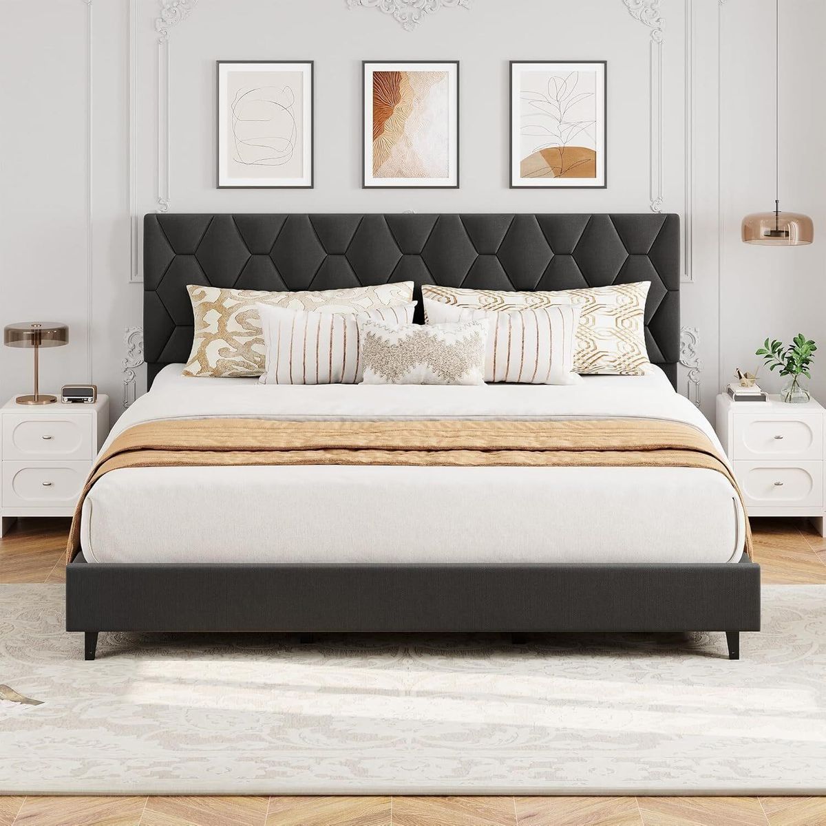 Grey King Upholstered Bed Frame with Headboard, Platform Bed Frame No Box Spring Needed Noise Free