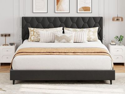 Grey King Upholstered Bed Frame with Headboard, Platform Bed Frame No Box Spring Needed Noise Free