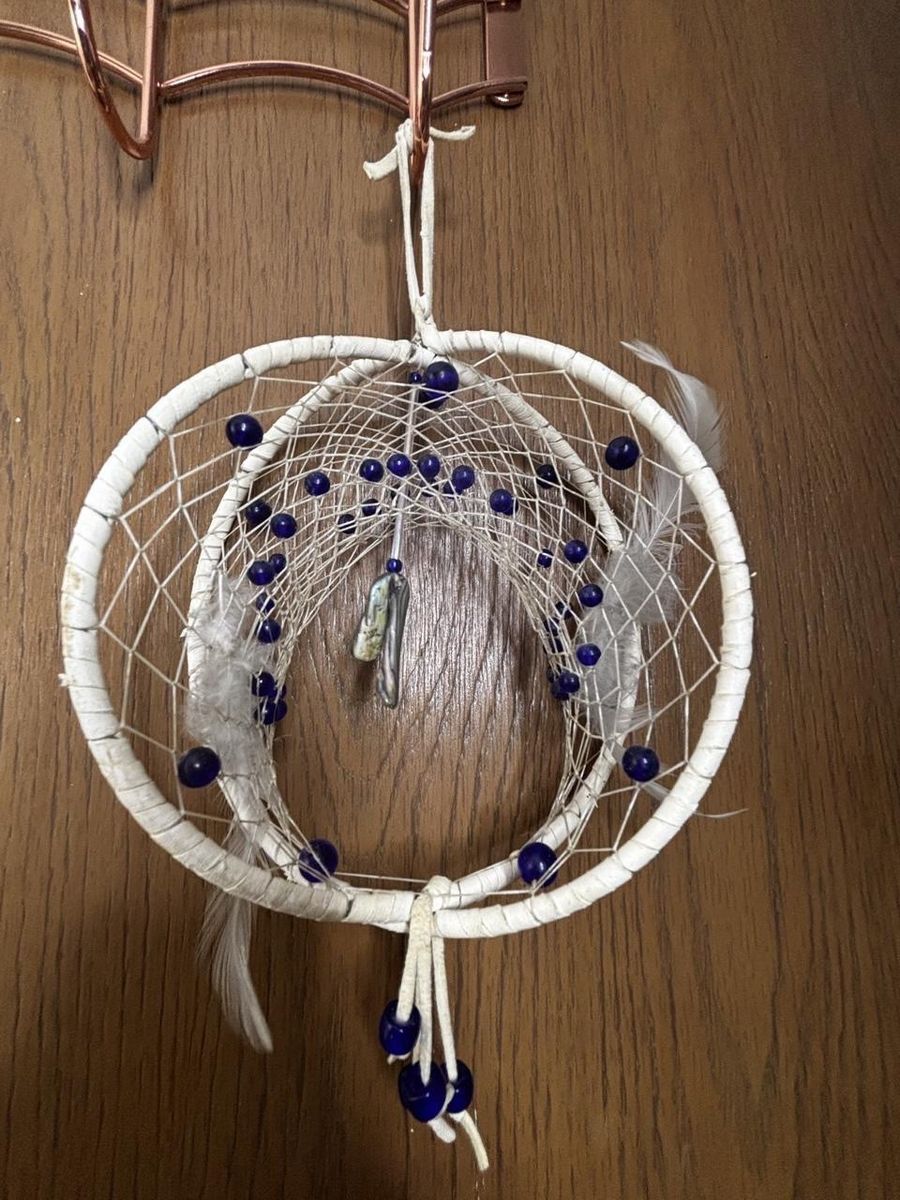 White & Blue Double Hoop Dream Catcher with Feathers & Beads