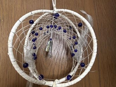 White & Blue Double Hoop Dream Catcher with Feathers & Beads