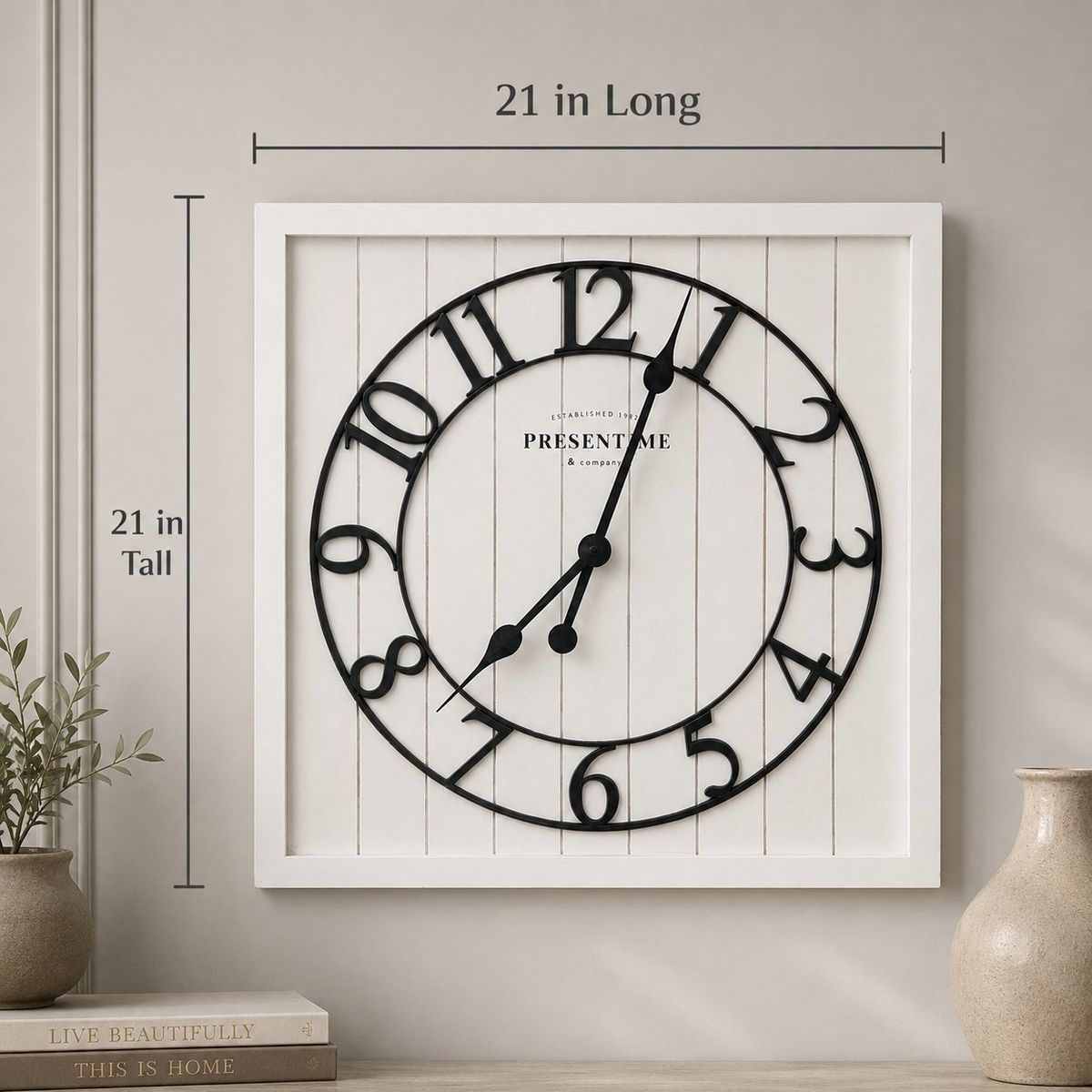 Large 21" Farmhouse Wall Clock – Rustic White Shiplap & Black Metal Decor
