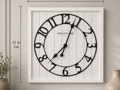 Large 21" Farmhouse Wall Clock – Rustic White Shiplap & Black Metal Decor
