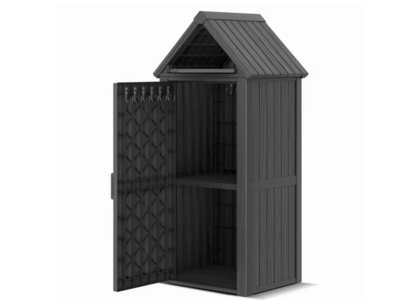 New in Box Black Outdoor Storage Cabinet - Durable Resin Construction with Reinforced Floor