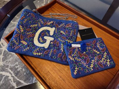 America & Beyond Blue Beaded Crossbody Clutch Bag (monogram: G)