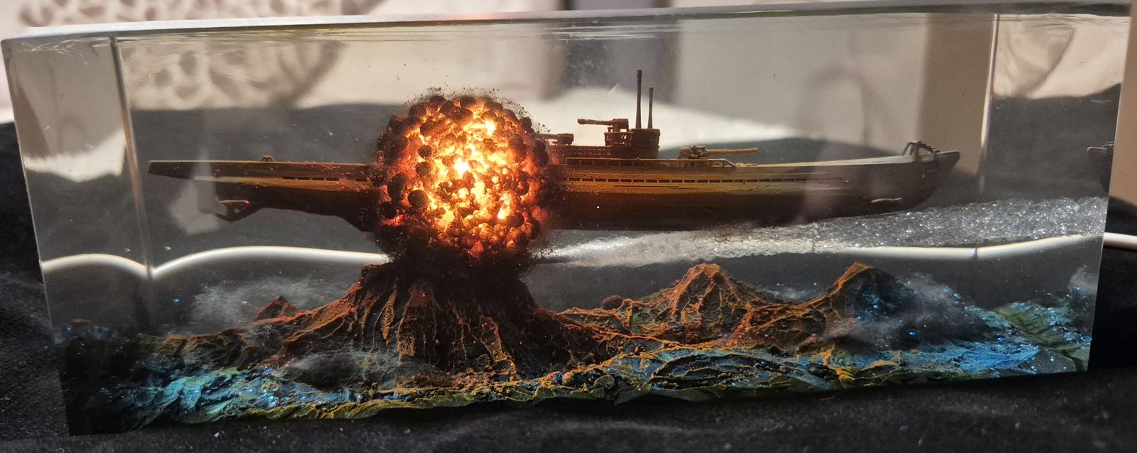 Handmade Resin light-up Submarine Diorama with Volcanic Eruption - Unique Display Piece