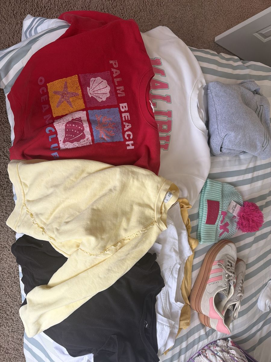 Young Women's Clothing or girl Size 10/12 - Sweatshirts, Tees, Beanie one size fits all & adidas shoes are size 5.5 worn once.