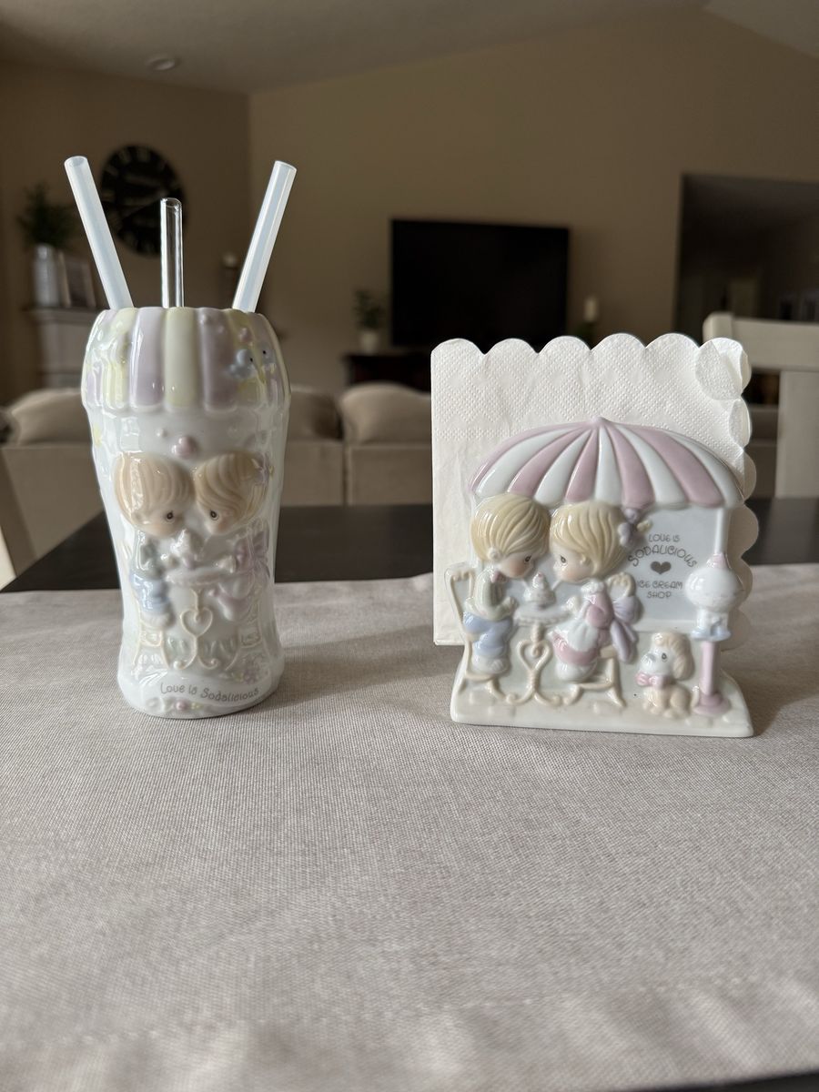 Precious Moments "Love Is Sodalicious" ceramic soda glass and napkin holder set