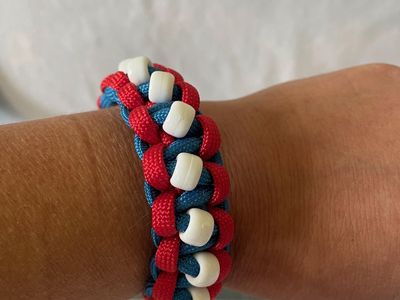 Handmade Red, Blue & White Paracord Beaded Bracelet with Plastic Clasp - 8.5 inches