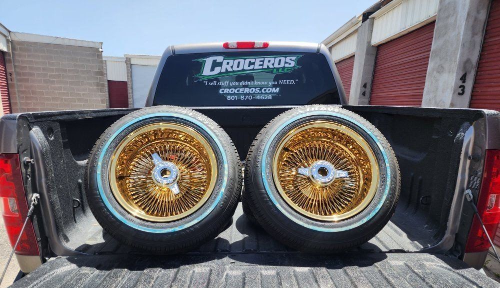 Gold Spoke Wheels & Tires 14 inch lowrider everything is new with engraved knockoffs and Locking adapters