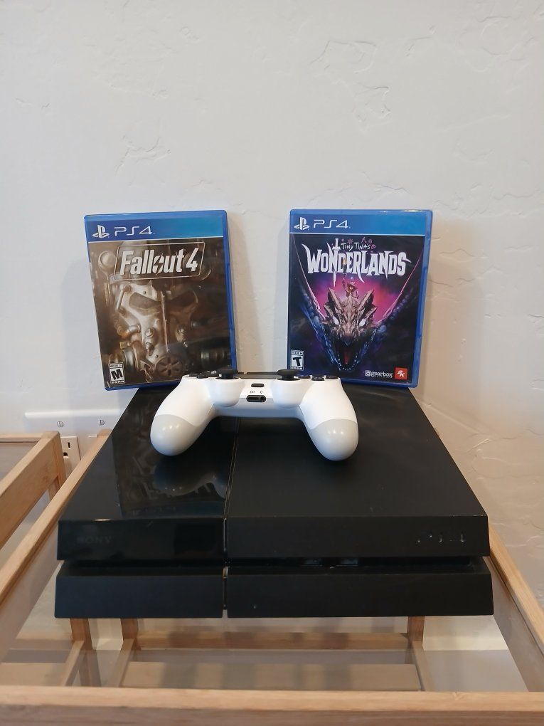 Sony PlayStation 4 (PS4) Console with White Controller power cord, HDMI cable & 2 Games (Fallout 4, Tiny Tina's Wonderlands)