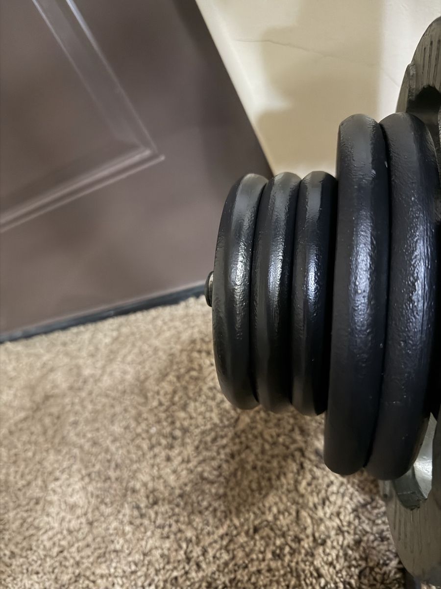new weight plates set and free dumbbell