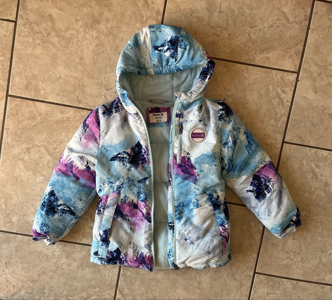 Hurley Youth Girls' Size M (10/12) Puffer Jacket Blue Purple Mountain Print Hooded Winter Coat