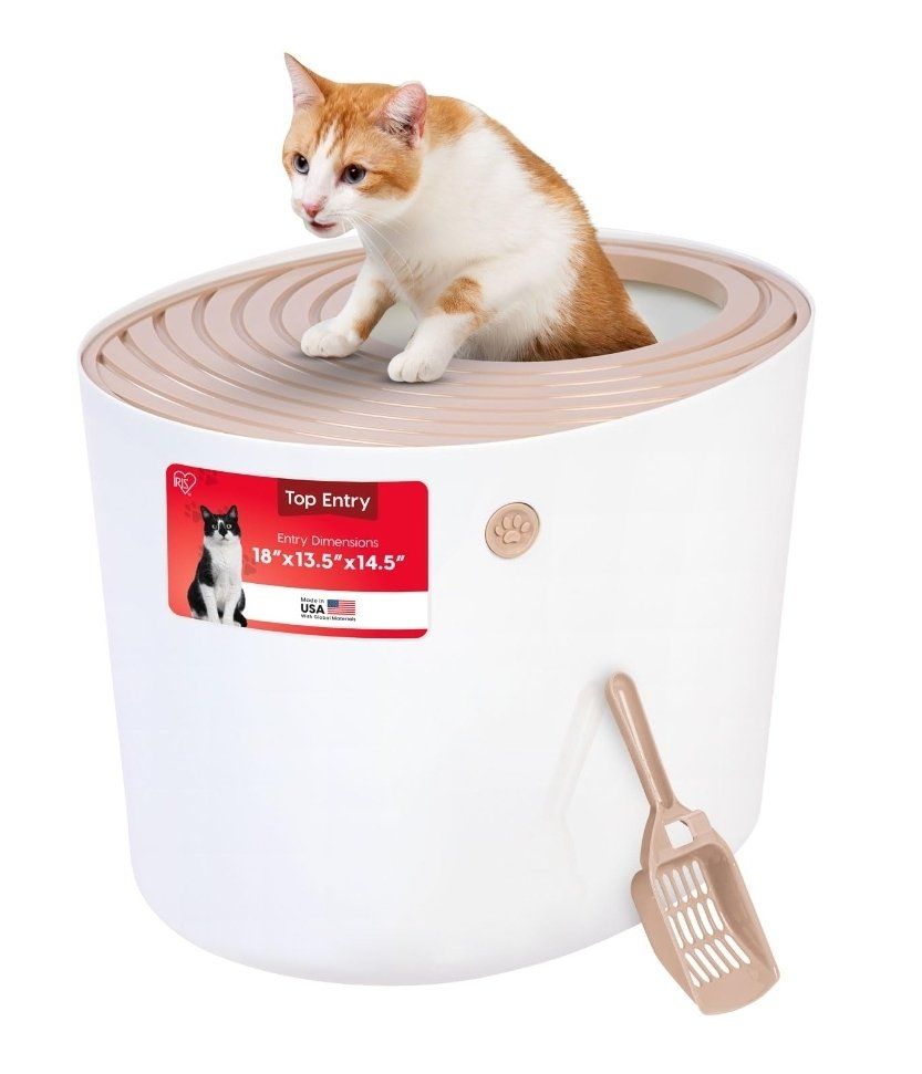 Large Top Entry Cat Litter Box, Beige/White