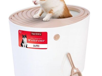 Large Top Entry Cat Litter Box, Beige/White