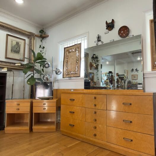 Vintage 1950s Birdseye Maple Bedroom Set: Dresser, Vanity Mirror and Two Nightstands