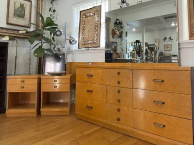 Vintage 1950s Birdseye Maple Bedroom Set: Dresser, Vanity Mirror and Two Nightstands