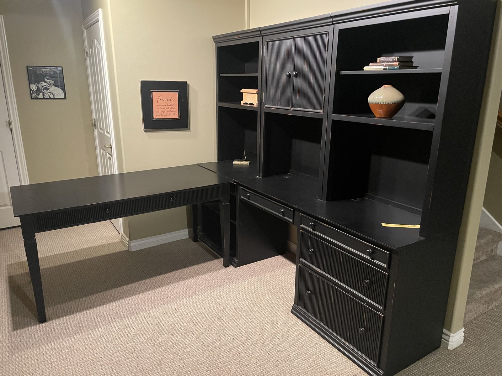 Black L-Shaped Desk with Hutch, Shelves, and File Drawers - Office or Home Study Furniture