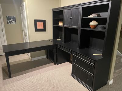 Black L-Shaped Desk with Hutch, Shelves, and File Drawers - Office or Home Study Furniture