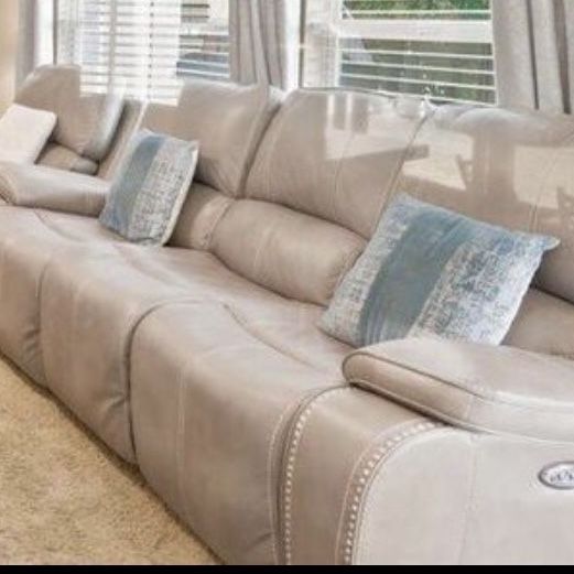Luxurious Taupe Power Reclining Sofa with Nailhead Trim - Excellent Condition